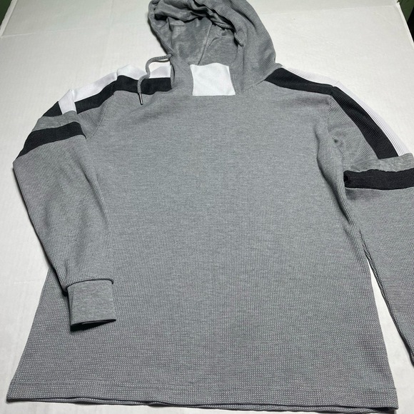 AMONGST OTHER Hooded Shirt Mens Size L Grey Waffle Knit Striped Casual - Picture 2 of 9